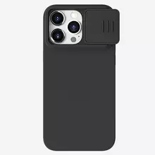 Противоударный чехол бампер Nillkin CamShield Silky Magnetic Silicone (шторка на камеру) для iPhone 15 Pro Max Elegant Black (Черный) 