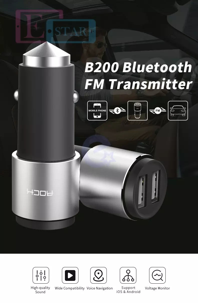 Автомобильная зарядка для телефона BlueTooth FM TransMitter Rock B200 Black (Черный) RAU0548