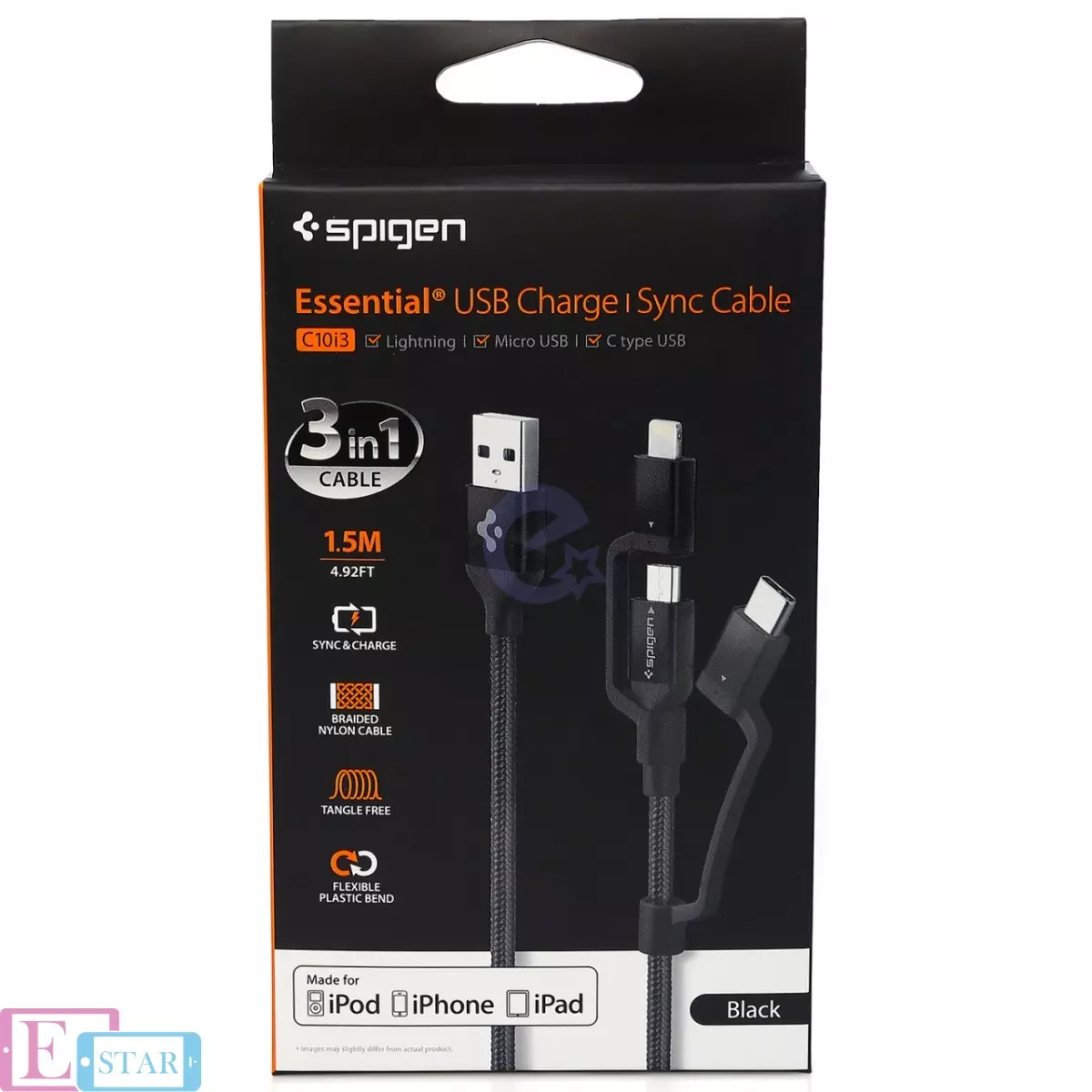 Кабель Spigen Essential C10i3 USB-C+Micro-B 5-pin+USB Lightning to USB 2.0 Cable Black (Черный) 000CB22774