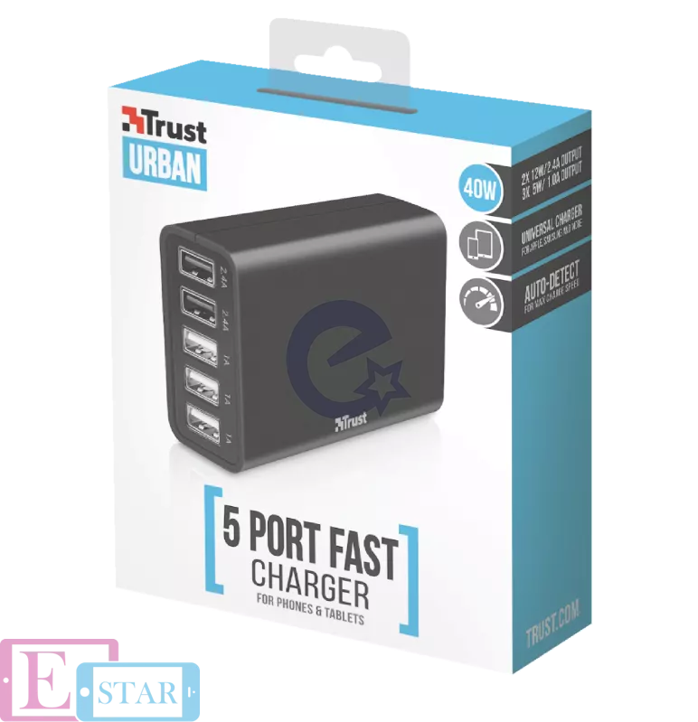 Сетевое зарядное устройство Trust URBAN 5xUSB Port 40W Fast Charger Black (Черный) 21820