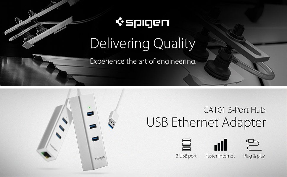 USB hub Spigen 3 USB 3.0 Ports Ethernet Adapter CA101