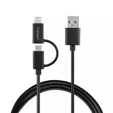 Оригинальный высокоскоростной кабель для зарядки и передачи данных 2 in 1 Spigen C21 Dual 1.5 м для смартфонов и телефона Black (Черный) SGP11178
