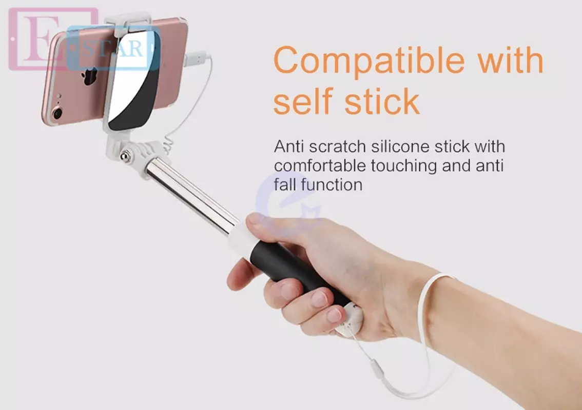 Компактная селфи палка Rock Mini Selfie Stick с зеркальцем для смартфонов Pink (Розовый) ROT0752