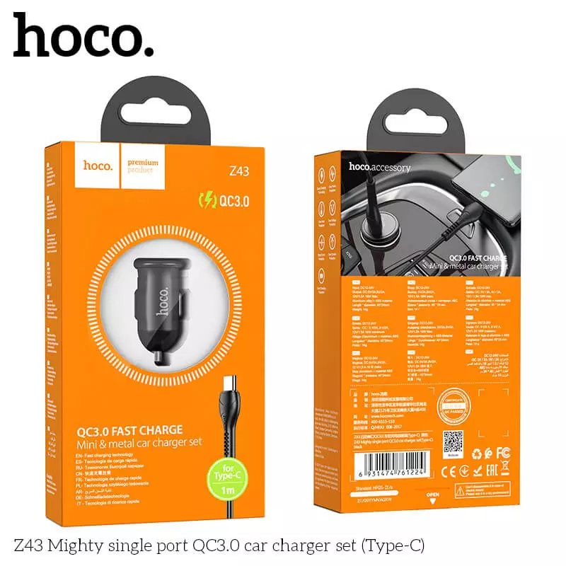 Адаптер автомобільний Hoco Type-C Cable Mighty single port car charger Z43 1USB, 3A, QC, 18W Black (Чорний)