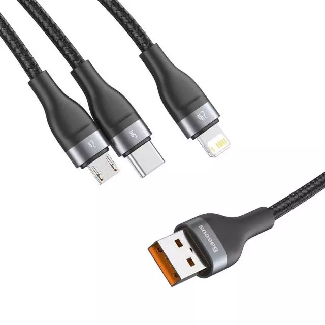 Кабель Baseus Flash Series 3-in-1 Fast Charging (Lightning/USB Type-C/Micro USB) 1.2m 5 A Black (Чорний) (CA1T3-G1) Кабель Baseus Flash Series 3-in-1 Fast Charging (Lightning/USB Type-C/Micro USB) 1.2m 5 A Black (Чорний) (CA1T3-G1)