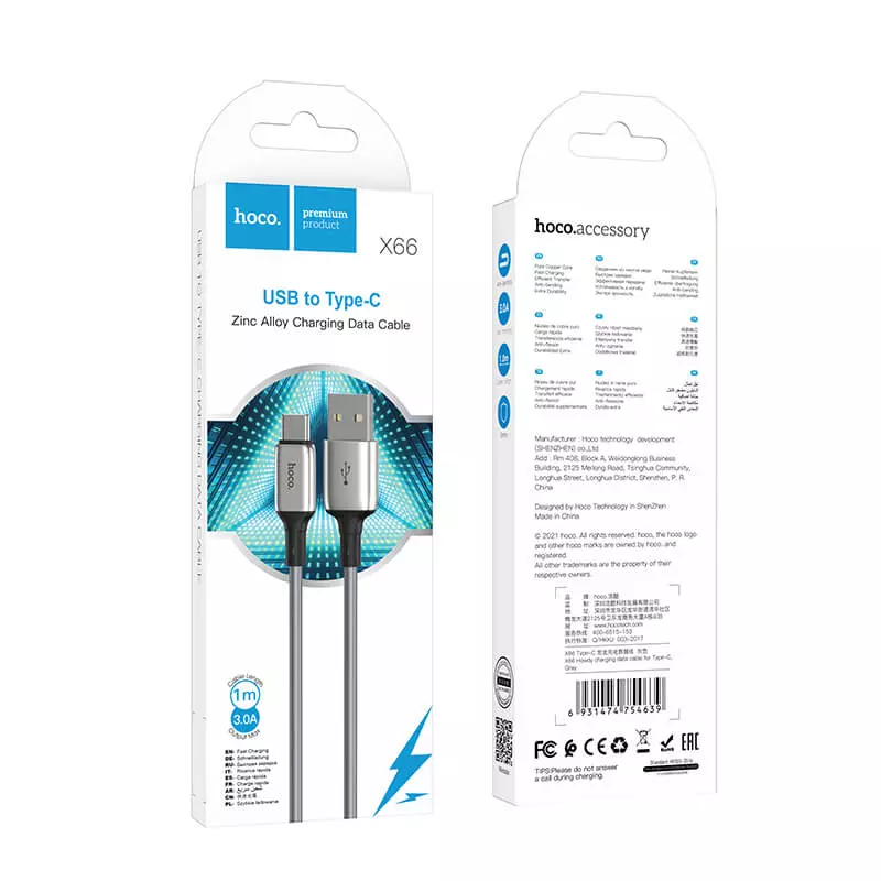 Кабель Hoco Type-C Howdy Charging Data Cable X66 1m, 3A Grey (Сірий) Кабель Hoco Type-C Howdy Charging Data Cable X66 1m, 3A Grey (Сірий)
