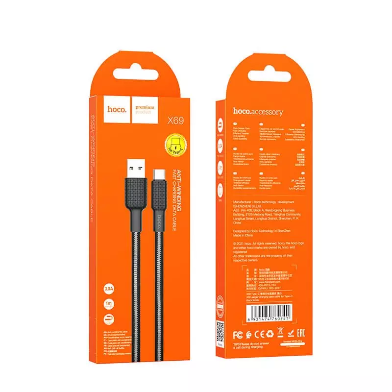 Кабель Hoco Type-C Jaeger Charging Data Cable X69 1m, 3A Black (Чорний) Кабель Hoco Type-C Jaeger Charging Data Cable X69 1m, 3A Black (Чорний)