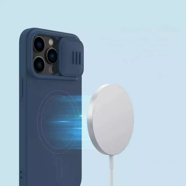Противоударный чехол бампер Nillkin CamShield Silky Magnetic Silicone (шторка на камеру) для iPhone 14 Pro Max Midnight Blue (Темно Синий)