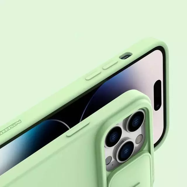 Противоударный чехол бампер Nillkin CamShield Silky Magnetic Silicone (шторка на камеру) для iPhone 14 Pro Max Foggy Green (Зеленый)