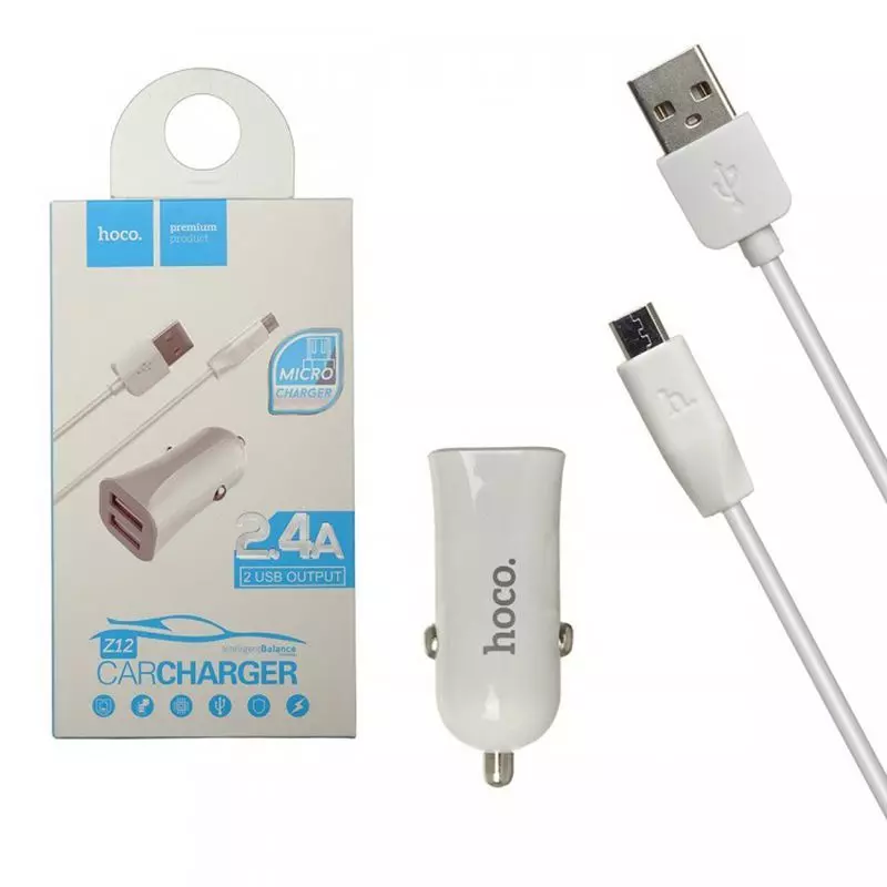 Автомобільна зарядка Hoco Z12 + кабель Micro USB White (Білий) Автомобільна зарядка Hoco Z12 + кабель Micro USB White (Білий)