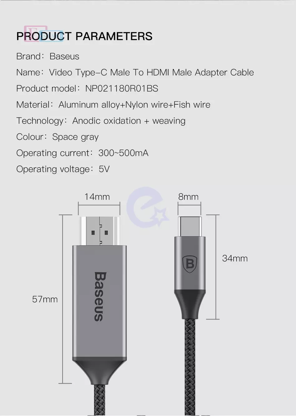 Кабель для заряджання Baseus Video Type C до HDMI Adapter Cable Space Gray NP021180R01BS