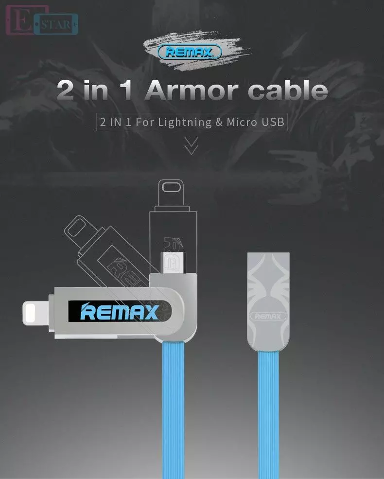 Кабель для заряджання та передачі даних Remax Armor 2in1 Lightning / Micro USB Blue (Синій) RC-067t Кабель для заряджання та передачі даних Remax Armor 2in1 Lightning / Micro USB Blue (Синій) RC-067t