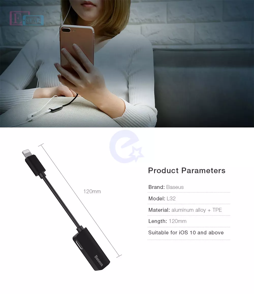 Кабель перехідник Baseus L32 Double Socket Lightning 2in1 to Jack 3.5mm / Lightining Adapter Cable Red (Червоний) CALL32-09