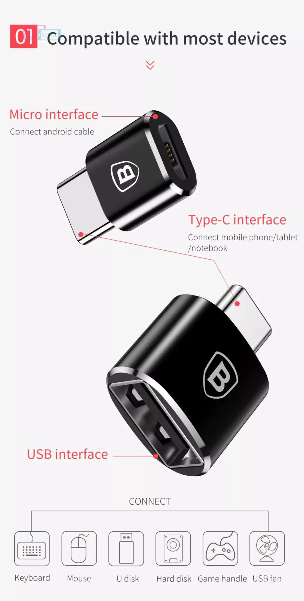 Переходник Baseus Mini USB female to Type-C Male Adapter Converter для планшетов и смартфонов Black (Черный) Переходник Baseus Mini USB female to Type-C Male Adapter Converter для планшетов и смартфонов Black (Черный)