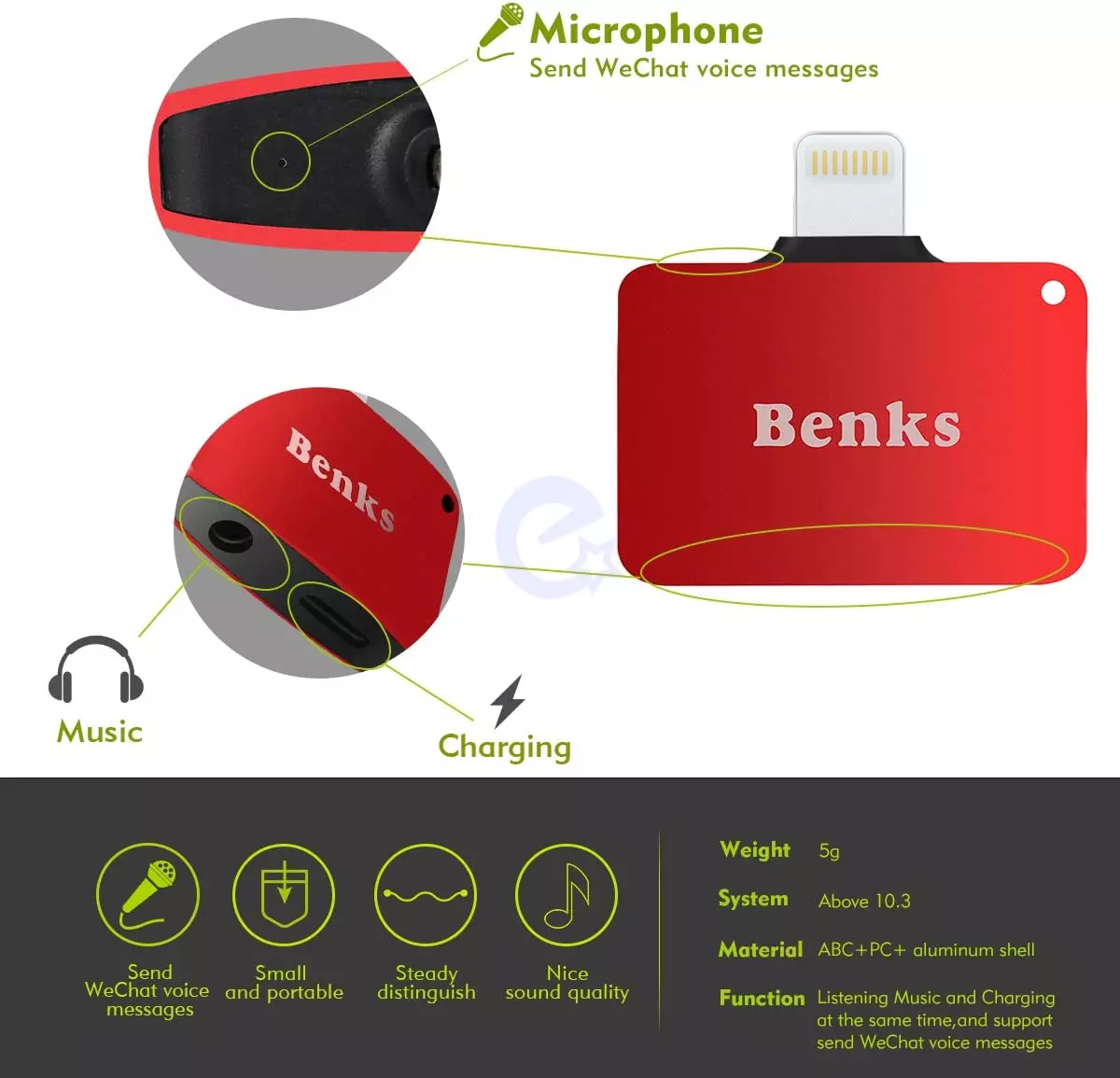 Переходник Benks 2 in 1 Lightning Adapter + 3.5 mm Earphone Red (Красный)