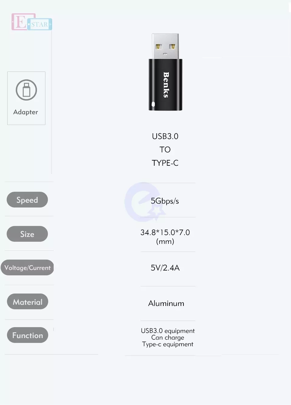Переходник Benks USB 3.0 to Type-C OTG Adapter для планшетов и смартфонов Black (Черный)